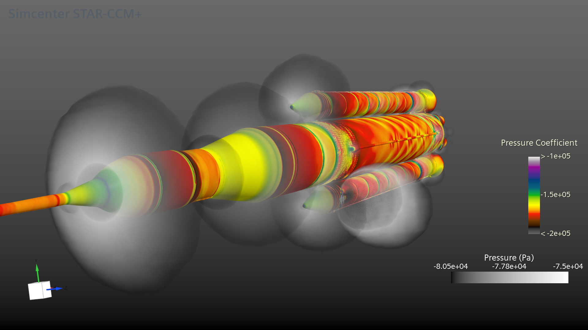 SLS rocket 3D view - pressure coefficient and pressure field