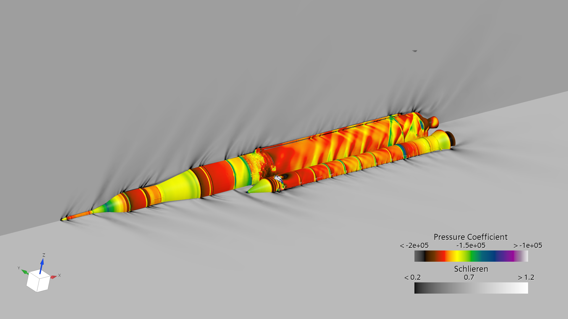 SLS rocket angled 3D view - pressure coefficient and Schlieren